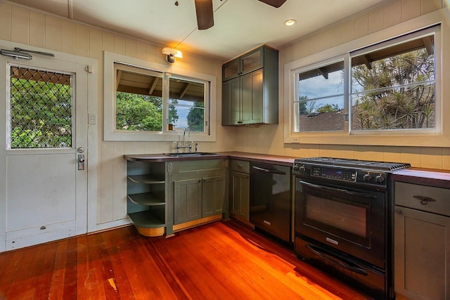 kitchen featuring plenty of natural light, sink, wood-type flooring, and black appliances