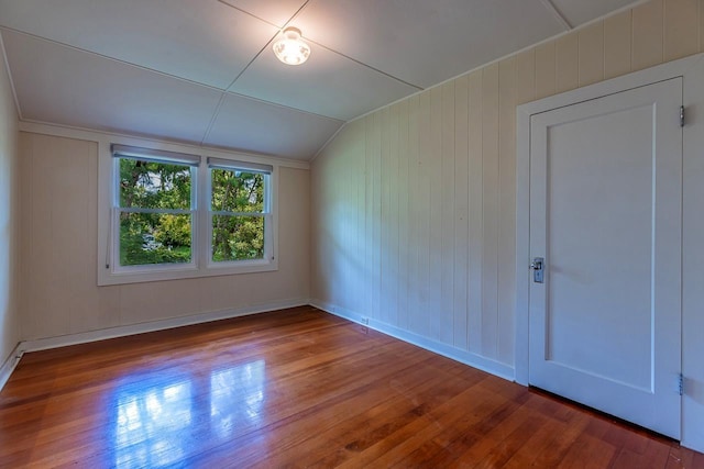 empty room with wood-type flooring and lofted ceiling