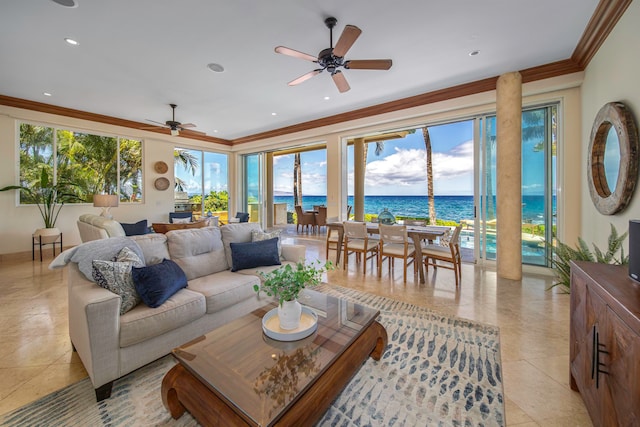 tiled living room featuring crown molding and ceiling fan