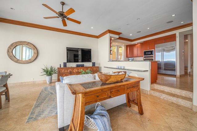 living room with crown molding, ceiling fan, and light tile patterned floors