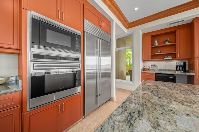 kitchen featuring light stone countertops, black appliances, ornamental molding, and light tile patterned floors