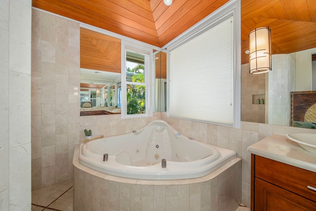 bathroom featuring lofted ceiling, wood ceiling, vanity, and tile walls