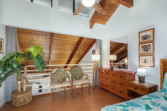 bedroom featuring ceiling fan, beam ceiling, high vaulted ceiling, hardwood / wood-style flooring, and wooden ceiling