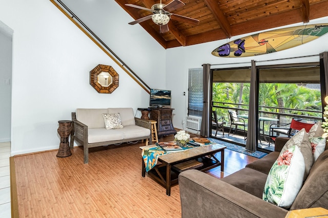 living room featuring ceiling fan, lofted ceiling with beams, light hardwood / wood-style floors, and wooden ceiling