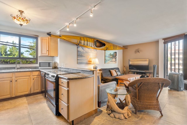 kitchen with stainless steel appliances, sink, light brown cabinets, and dark stone counters