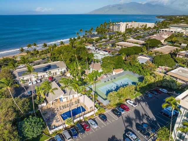 bird's eye view featuring a water and mountain view