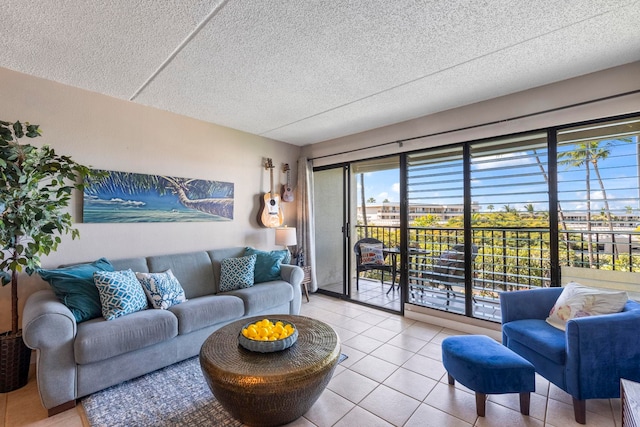 tiled living room with a textured ceiling