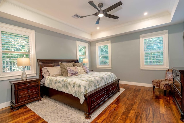 bedroom with baseboards, a raised ceiling, and dark wood finished floors