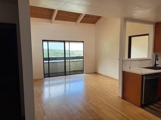 kitchen with beamed ceiling, dishwasher, sink, wooden ceiling, and light hardwood / wood-style flooring