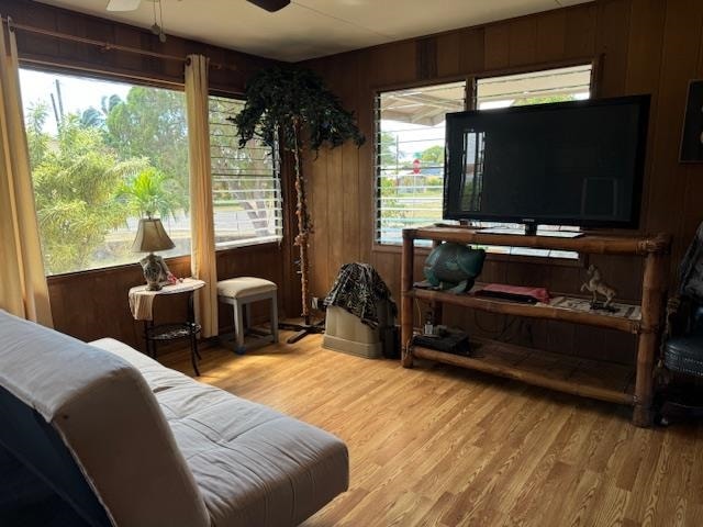 interior space with ceiling fan and a healthy amount of sunlight