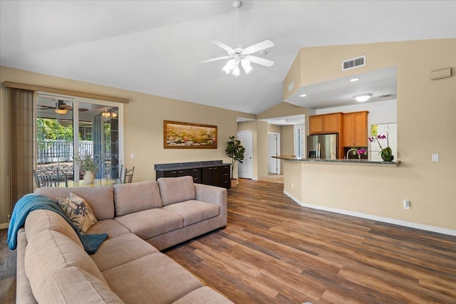 237 Kuli Puu St, Kihei, HI 96753 - living room featuring a ceiling fan, wood finished floors, high vaulted ceiling, and baseboards