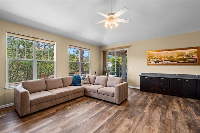 237 Kuli Puu St, Kihei, HI 96753 - living room with dark wood-style floors, baseboards, a ceiling fan, and vaulted ceiling