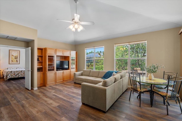 237 Kuli Puu St, Kihei, HI 96753 - living room featuring a ceiling fan, dark wood-type flooring, and vaulted ceiling