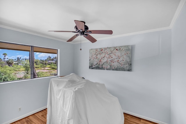 interior space featuring crown molding, a ceiling fan, baseboards, and wood finished floors