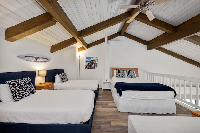 bedroom with dark wood-type flooring, lofted ceiling with beams, and ceiling fan