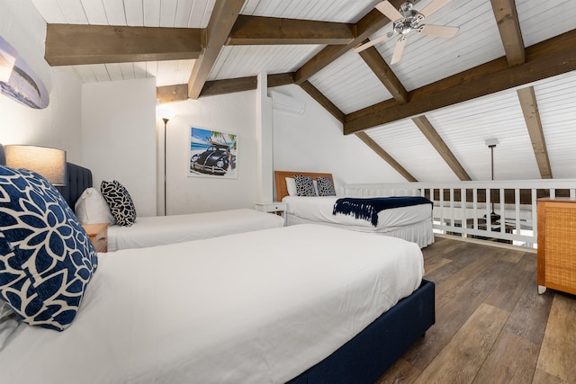 bedroom with dark hardwood / wood-style floors, vaulted ceiling with beams, and ceiling fan