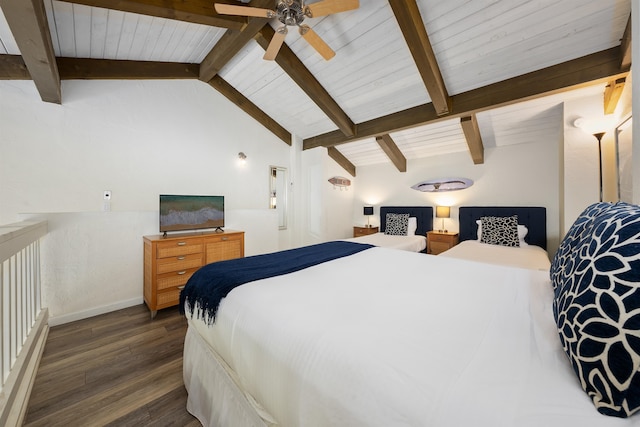 bedroom with ceiling fan, lofted ceiling with beams, and dark wood-type flooring