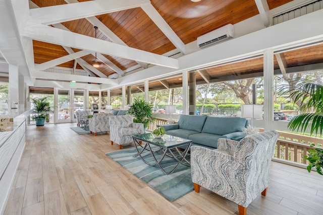 sunroom with lofted ceiling with beams, an AC wall unit, and wood ceiling