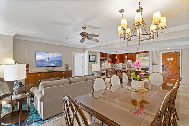 dining area featuring visible vents, ornamental molding, recessed lighting, ceiling fan with notable chandelier, and light tile patterned floors