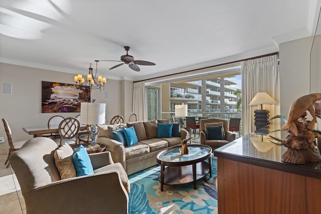 living area with ornamental molding, light tile patterned floors, and ceiling fan with notable chandelier