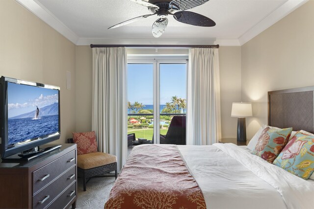 bedroom featuring crown molding, ceiling fan, and access to exterior