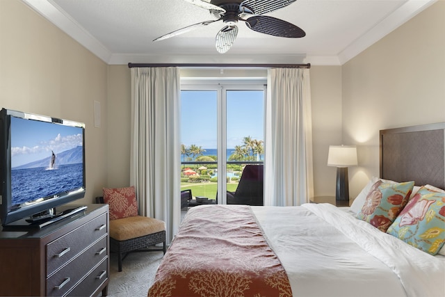 bedroom with crown molding, access to outside, and ceiling fan