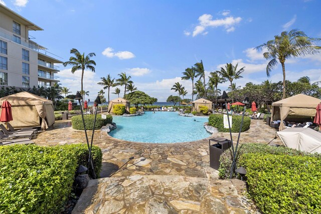 view of swimming pool with a patio