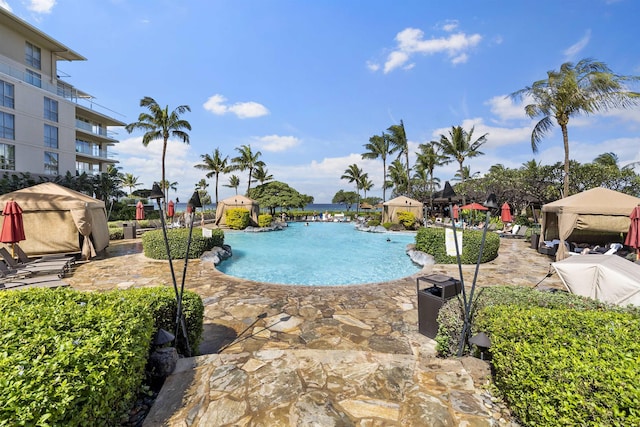 view of pool featuring a gazebo and a patio area