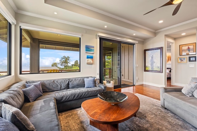 806 Kukia Pl, Kula, HI 96790 - living area featuring recessed lighting, wood finished floors, plenty of natural light, a ceiling fan, and crown molding