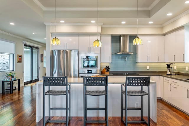 806 Kukia Pl, Kula, HI 96790 - kitchen featuring wall chimney range hood, freestanding refrigerator, modern cabinets, a raised ceiling, and crown molding