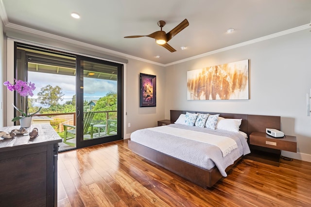 806 Kukia Pl, Kula, HI 96790 - bedroom featuring access to outside, wood finished floors, ornamental molding, recessed lighting, and a ceiling fan