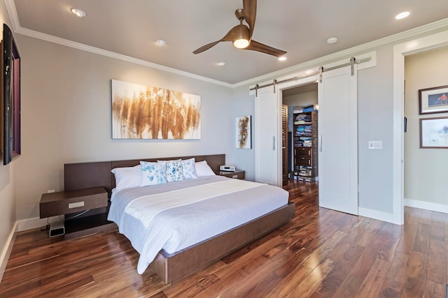 806 Kukia Pl, Kula, HI 96790 - bedroom with a barn door, wood finished floors, crown molding, ceiling fan, and recessed lighting
