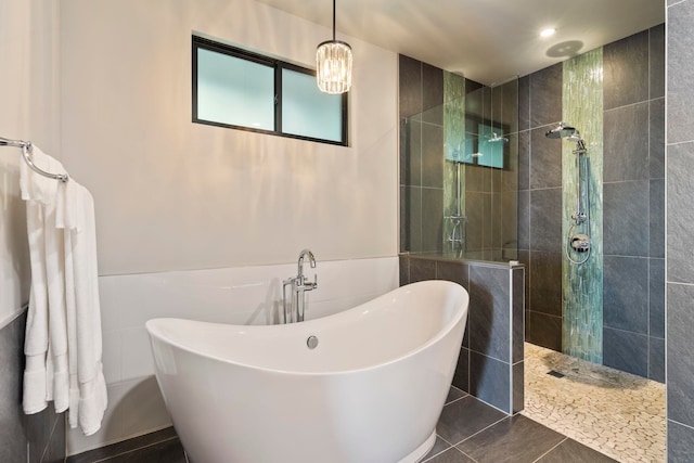 806 Kukia Pl, Kula, HI 96790 - bathroom featuring a freestanding tub, walk in shower, tile patterned flooring, and tile walls
