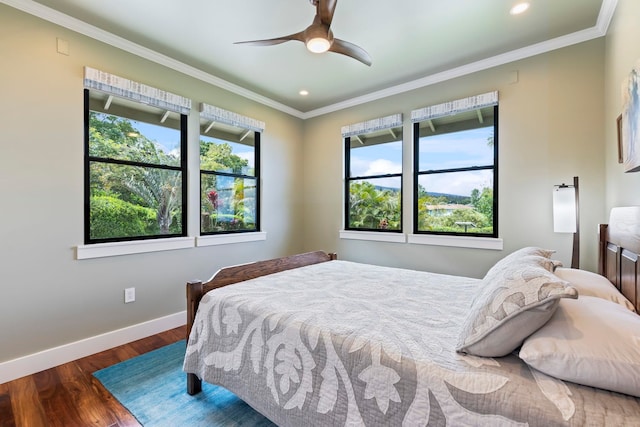 806 Kukia Pl, Kula, HI 96790 - bedroom featuring wood finished floors, crown molding, recessed lighting, and ceiling fan