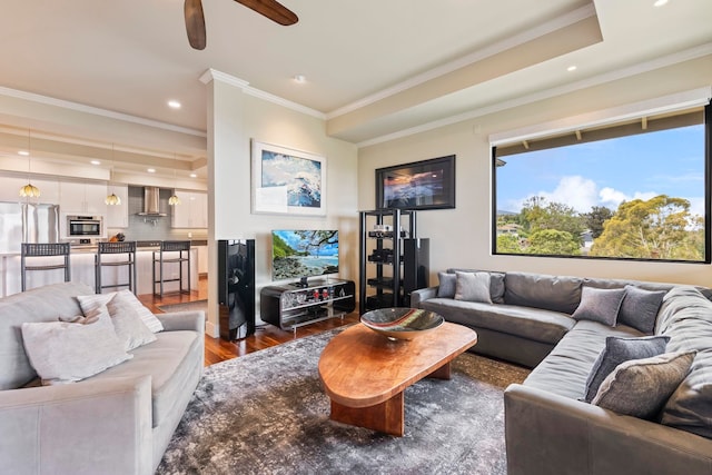 806 Kukia Pl, Kula, HI 96790 - living area featuring dark wood-type flooring, a ceiling fan, crown molding, and recessed lighting