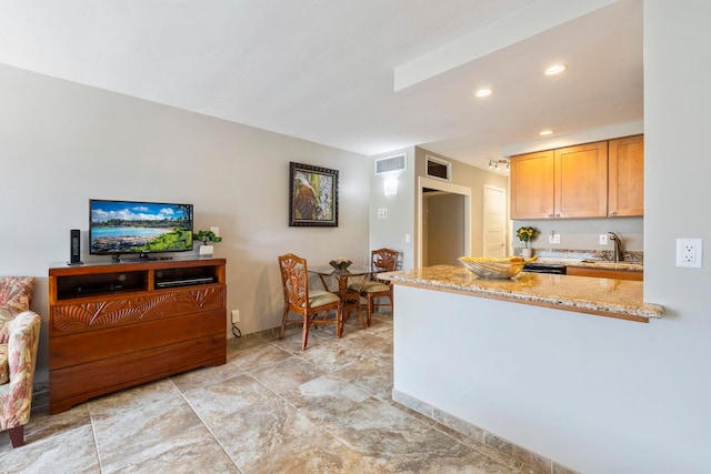 kitchen with kitchen peninsula, light stone counters, and sink