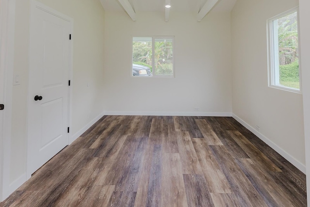 unfurnished room featuring beamed ceiling, dark hardwood / wood-style flooring, and a wealth of natural light