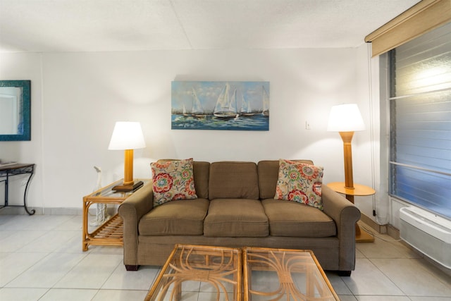 living room featuring light tile patterned flooring