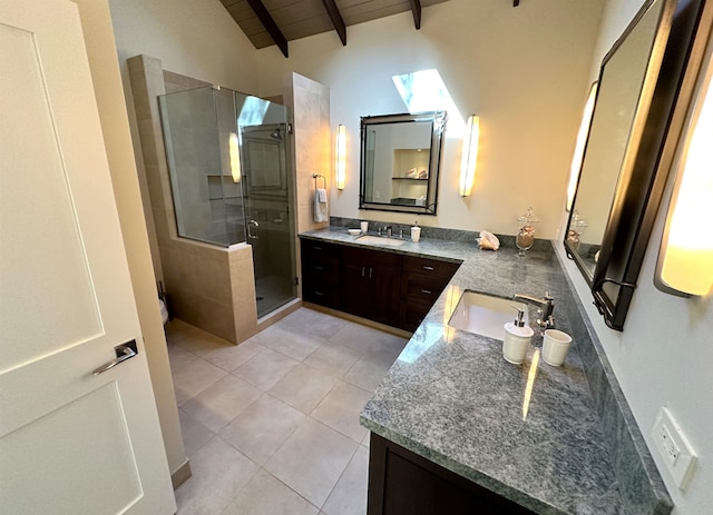 bathroom with wooden ceiling, tile flooring, vanity, lofted ceiling with beams, and walk in shower