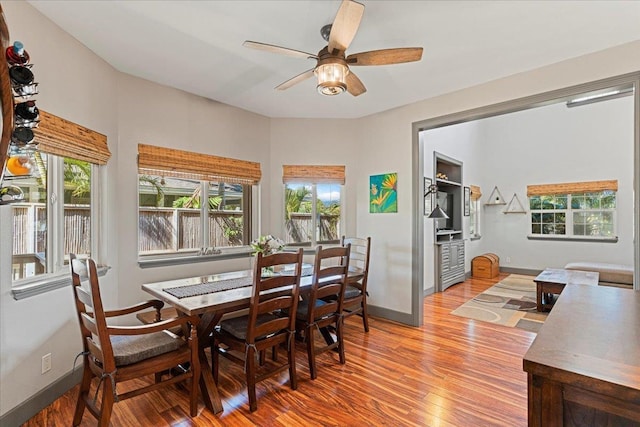 dining area featuring hardwood / wood-style floors and ceiling fan