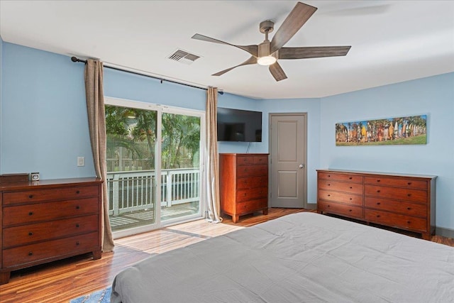 bedroom with access to outside, ceiling fan, and light hardwood / wood-style floors