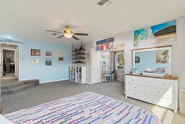 unfurnished bedroom with ceiling fan and light carpet