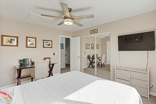 bedroom with carpet flooring, ceiling fan, and a closet