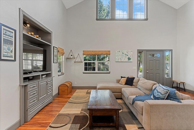 living room with hardwood / wood-style floors, plenty of natural light, and high vaulted ceiling