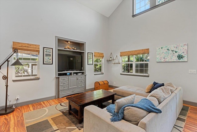 living room featuring wood-type flooring, high vaulted ceiling, and built in shelves