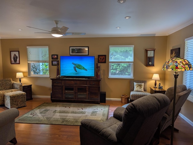 living room featuring crown molding, ceiling fan, and hardwood / wood-style flooring