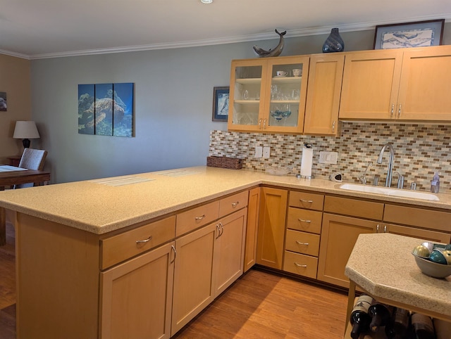 kitchen with tasteful backsplash, ornamental molding, sink, and kitchen peninsula