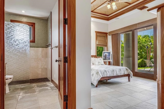 unfurnished bedroom featuring ceiling fan, light tile patterned flooring, and multiple windows