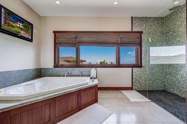 bathroom featuring tile patterned floors and plus walk in shower