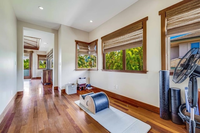 workout room with hardwood / wood-style floors